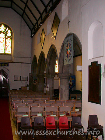 St Margaret of Antioch, Stanford-le-Hope Church – The Early English arcade, shown, has alternating octagonal and circular supports.