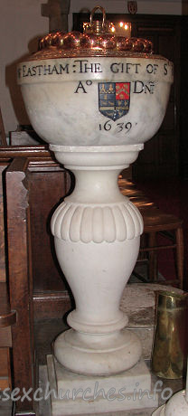 St Mary Magdalene, East Ham Church – This font consists of a bowl given by Sir Richard Heigham in 1639, and a later pedestal.