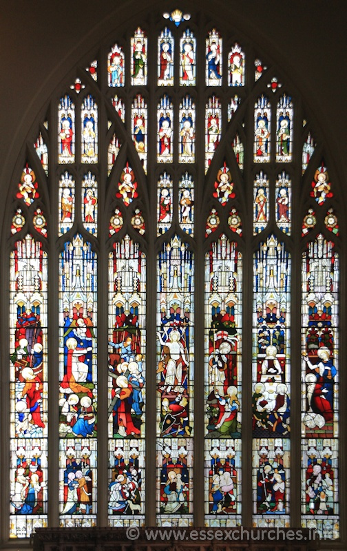 St Peter Ad Vincula, Coggeshall Church – The text towards the bottom of each of the seven panels reads: Hail thou that are highly favoured - the Lord is with thee === My soul doth magnify the Lord === Behold, I bring you good tidings of great joy === The word was made flesh and dwelt among us === Lord now lettest thou thy servant depart in peace === Thou art my beloved son - in thee I am well pleased.