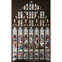 St Peter Ad Vincula, Coggeshall Church – Stained Glass 1: The text towards the bottom of each of the seven panels reads: Hail thou that are highly favoured - the Lord is with thee === My soul doth magnify the Lord === Behold, I bring you good tidings of great joy === The word was made flesh and dwelt among us === Lord now lettest thou thy servant depart in peace === Thou art my beloved son - in thee I am well pleased.