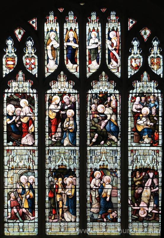 St Peter Ad Vincula, Coggeshall Church – In this window is shown forth the life and martyrdom of St Peter, a servant and an apostle of Jesus Christ === Peter was kept in prison, but prayer was made without ceasing of the Church unto God for him === To the Glory of God and in memory of Joseph Smith Surridge, 21 years Churchwarden of this parish, who fell asleep July 23 1888.