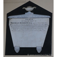 St Peter Ad Vincula, Coggeshall Church – Monument 11: Sacred to the memory of Thomas Andrew Esq of this town, Solicitor. Whose mortal remains lie deposited in a vault near this spot. === He was removed from the midst of Health, Enjoyment and Prosperity by an Instantaneous death: without one previous fear or moment's warning. On the 27th of June A.D. 1826 - In the 53rd Year of his age. === "Be ye also ready, for in such an hour as ye think not, the Son of Man cometh."
