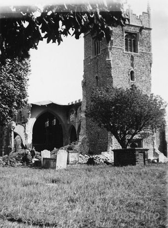 St Peter Ad Vincula, Coggeshall Church – One of a series of 8 photos bought on eBay. Photographer unknown. "The Belfry Tower" - dated September 1940. On 16th September 1940, the church was bombed. The nave roof was destroyed, which pulled down some of the N wall and arcading with it. Part of the tower was also seriously damaged.