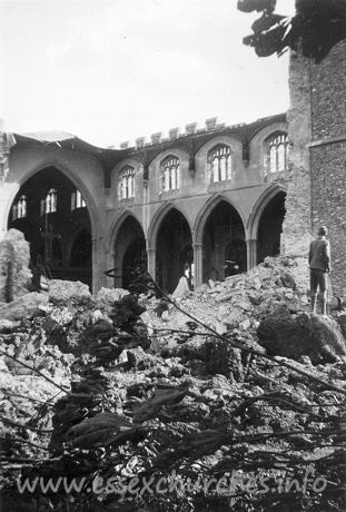 St Peter Ad Vincula, Coggeshall Church – One of a series of 8 photos bought on eBay. Photographer unknown. "From the foot of the Tower showing destruction of the North Wall and roof." - dated September 1940.