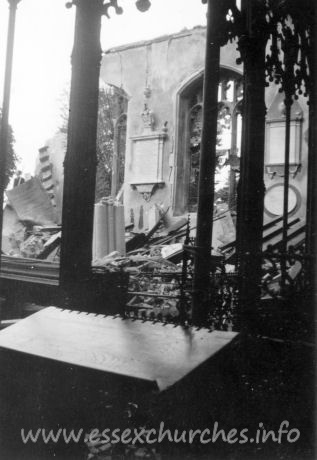 St Peter Ad Vincula, Coggeshall Church – One of a series of 8 photos bought on eBay. Photographer unknown. "From the choir stalls, showing only remaining part of North wall." - dated September 1940.