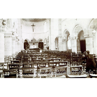 Our Lady of Light (Catholic), Clacton Church – Postcard 1: The neo-Norman style is highly evident here, with the low circular piers, the crossing with crossing tower, the transepts with an eastern aisle, and the apse with a narrow ambulatory.