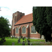 St Andrew, Weeley Church – Exterior 3: The west tower of brick is early C16. It has diagonal buttresses and battlements.