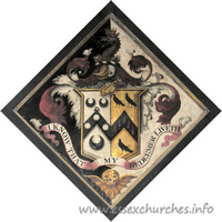 St Mary, Gestingthorpe Church – Hatchment 1: Probably for George Walker, who died 29th May 1848, aged 58. His widow, Stephana, daughter of Stephen Round of Sunningdale, died 1867. Details taken from Hatchments in Britain: 6, Edited by Peter Summers