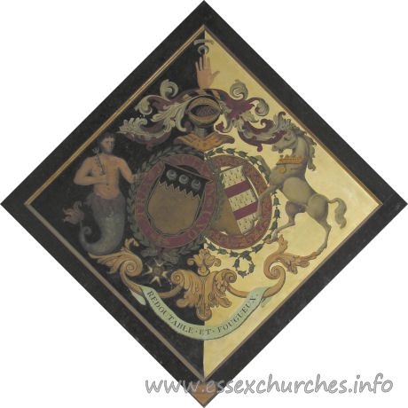 St Andrew, Hempstead Church – For Admiral Sir Eliab Harvey, M.P., G.C.B., of Rolls Park, Chigwell, who married Louisa, youngest daughter and co-heir of Robert, Earl Nugent, and died 20th February 1830. Printed on back of original canvas: 'Charles Robertson & Co., 51 Longacre'. Restored by Sir Francis Whitmore in 1958. Lady Louisa Harvey's hatchment is at Chigwell). Details taken from Hatchments in Britain: 6, Edited by Peter Summers