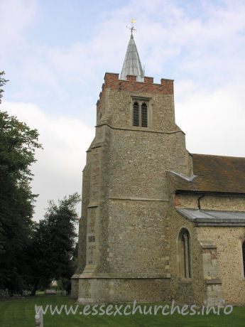 St Mary the Virgin, Henham Church – The tower dates from C14. It has diagonal buttresses, which extend into the nave, underpinned by a squinch. The brick battlements are later, as is the lead 'spike' spire.