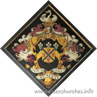 St Mary the Virgin, Henham Church – Hatchment 1: For Samuel Feake, who married Anne, daughter and heir of John Hampton, of Hampden, and died 16 June 1757. She died 10 May 1723, aged 34. Details taken from Hatchments in Britain: 6, Edited by Peter Summers