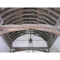 St Mary the Virgin, Strethall Church – Interior 6: Present nave roof is most likely early C15, and is trussed with cambered tie-beams and arch-braces.
