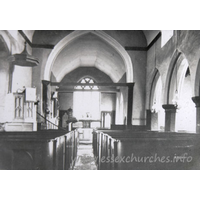 St Andrew, Helion Bumpstead Church – Postcard 2: Taken from a picture in the church. At this point, the box pews were still intact. It is rather different to the existing view, shown as Interior Image 1.