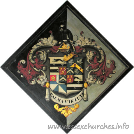 All Saints, Nazeing Church – For George Palmer, who married, 1795, Anna Maria, daughter and co-heir of William Bund of Wick, co. Worcs and died 12 May 1853, aged 81. She died 13 Oct 1856. Details taken from Hatchments in Britain: 6, Edited by Peter Summers