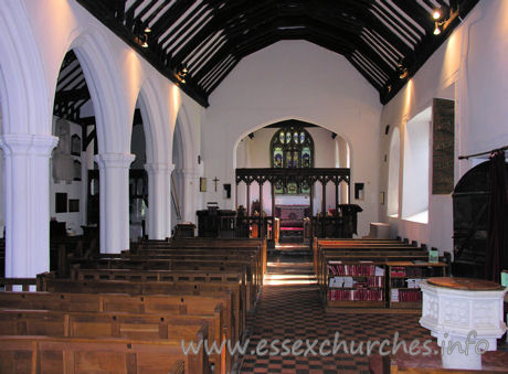 All Saints, Nazeing Church – Shot from the back of the church, looking towards the chancel. The N aisle is clearly visible. The piers are of the four shaft/four hollow type. The N aisle dates to C15.