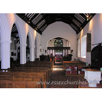 All Saints, Nazeing Church – Interior 1: Shot from the back of the church, looking towards the chancel. The N aisle is clearly visible. The piers are of the four shaft/four hollow type. The N aisle dates to C15.