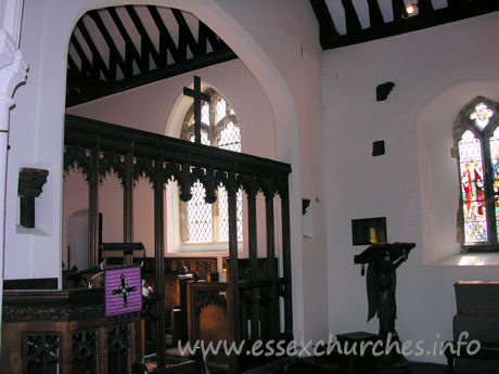 All Saints, Nazeing Church – More evidence of the rood screen - on the S wall, above the lectern, is the other end of the rood beam. Direct above is what appears to the the remains of the front/top part of the rood screen itself. This is shown more clearly in the "Misc." section.