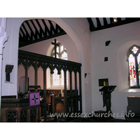 All Saints, Nazeing Church – Interior 3: More evidence of the rood screen - on the S wall, above the lectern, is the other end of the rood beam. Direct above is what appears to the the remains of the front/top part of the rood screen itself. This is shown more clearly in the "Misc." section.