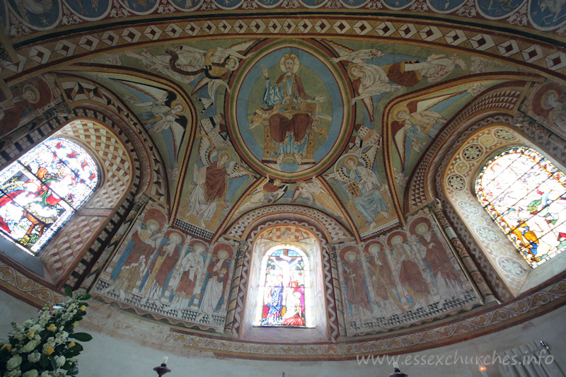 St Michael & All Angels, Copford Church – The apse shown here has had it's paintings heavily restored. They were discovered in 1871-2, whilst repairs were underway by Slater & Carpenter. The paintings were overpainted by Daniel Bell, who was also responsible for the N apse window.