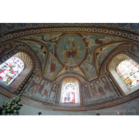 St Michael & All Angels, Copford Church – Interior 3: The apse shown here has had it's paintings heavily restored. They were discovered in 1871-2, whilst repairs were underway by Slater & Carpenter. The paintings were overpainted by Daniel Bell, who was also responsible for the N apse window.