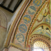 St Michael & All Angels, Copford Church – Interior 4: The left-most part of the underneath of the chancel arch, which depicts all 12 signs of the zodiac. From bottom to top can be seen: Aquarius, Pisces, Aries and Taurus.