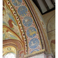 St Michael & All Angels, Copford Church – Interior 6: The right-most part of the underneath of the chancel arch, which depicts all 12 signs of the zodiac. From top to bottom can be seen: Libra, Scorpio, Sagittarius and Capricorn.