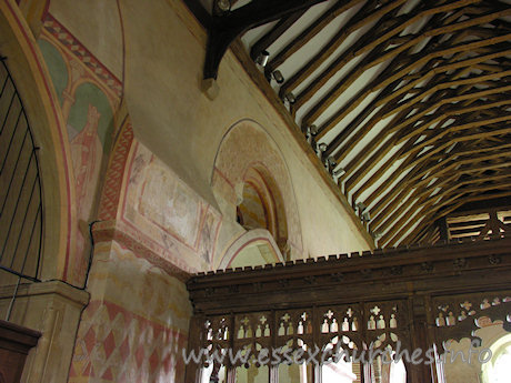 St Michael & All Angels, Copford Church – A clear shot of one of the painted springers, which would once have supported the Norman barrel vaulting of the roof. It is likely that the original barrel vaulting was removed during the 13th and 14th centuries, as it became necessary to punch further windows into the walls.