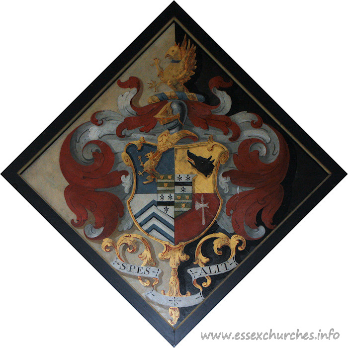 St Mary the Virgin, Layer Marney Church – For Frances, daughter of Sir Caesar Child, of Woodford, who married Nicholas Corsellis, of Lincolns Inn and died. He died 1761. Details taken from Hatchments in Britain: 6, Edited by Peter Summers