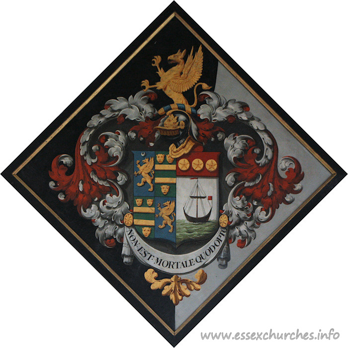 St Mary the Virgin, Layer Marney Church – For Matthew Corsellis, of Layer Marney Towers, who married Louisa, daughter of John Utterson, of Marwell Hall, Fareham, Hants, and died without issue, 14 December 1855. Details taken from Hatchments in Britain: 6, Edited by Peter Summers