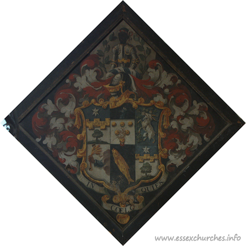 St John the Evangelist, Little Leighs Church – For Herman Olmius, sixth and second surviving son of Herman Olmius of the Warren House, and of Judith Drigue, and died 24 April 1726, aged 42. Details taken from Hatchments in Britain: 6, Edited by Peter Summers