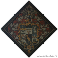 St John the Evangelist, Little Leighs Church – Hatchment 1: For Herman Olmius, sixth and second surviving son of Herman Olmius of the Warren House, and of Judith Drigue, and died 24 April 1726, aged 42. Details taken from Hatchments in Britain: 6, Edited by Peter Summers