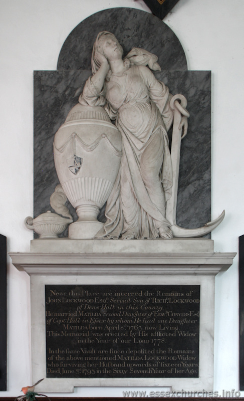 St Mary & All Saints, Lambourne Church – Near this place are interred the remains of JOHN LOCKWOOD Esq., second son of RICHARD LOCKWOOD of Dems Hall in this County. He married Matilda, second daughter of Edward Conyers Esq. of Copt Hall in Essex by whom he has one daughter, Matilda, born April 8th 1763 now living. This memorial was erected by his afflicted widow in the year of our Lord 1778. In the same vault are since deposited the remains of the above mentioned Matilda Lockwood, widow who surviving her husband upwards of sixteen years, dies June 3rd 1793 in the sixty-seventh year of her age.