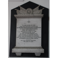St Mary & All Saints, Lambourne Church – Monument 15: To the glory of God and the beloved memory of Richard William Mark Lockwood, 2nd Lieut. Coldstream Guards, killed in action at the Battle of the Aisne on the 14th September 1914, and buried at Soupir, France. Only son of Robert Lockwood and grandson of General Mark Wood of Bishops Hall in this parish. His life for his country, his soul to God.
